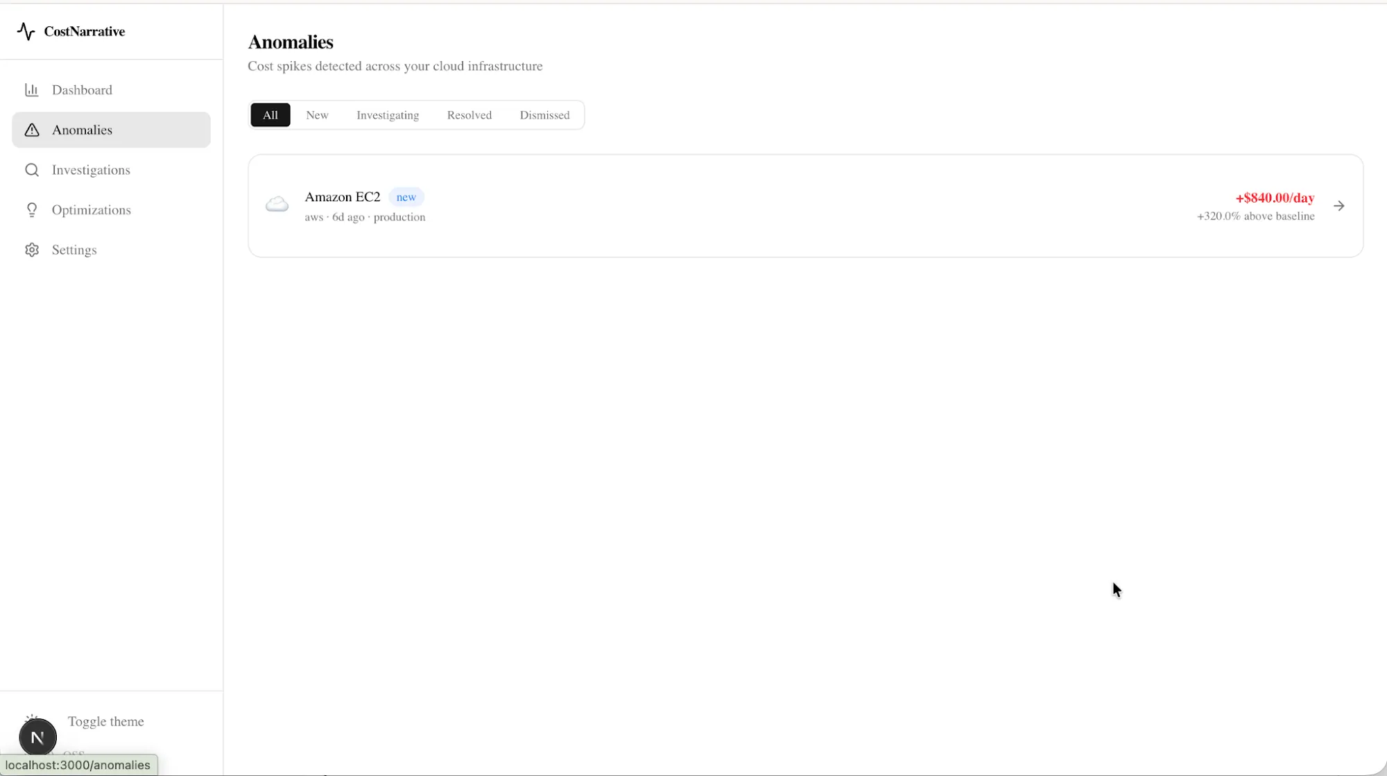 Cost Narrative anomalies view listing a detected cost spike