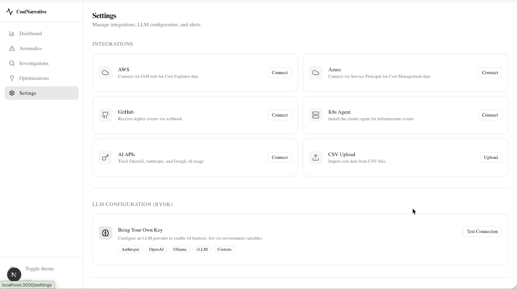Cost Narrative settings page with cloud, AI provider and engineering-event integrations