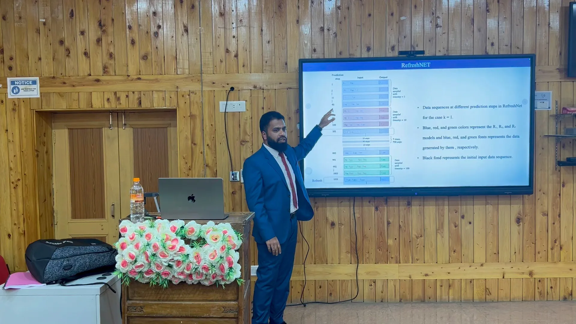 Junaid Farooq beside the projected thesis slides during his PhD defense